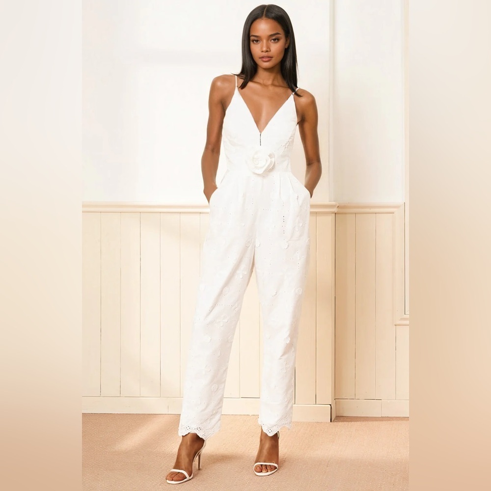 Yumi Kim Becky White Eyelet Jumpsuit XS NWT Floral Embroidered Summer Chic